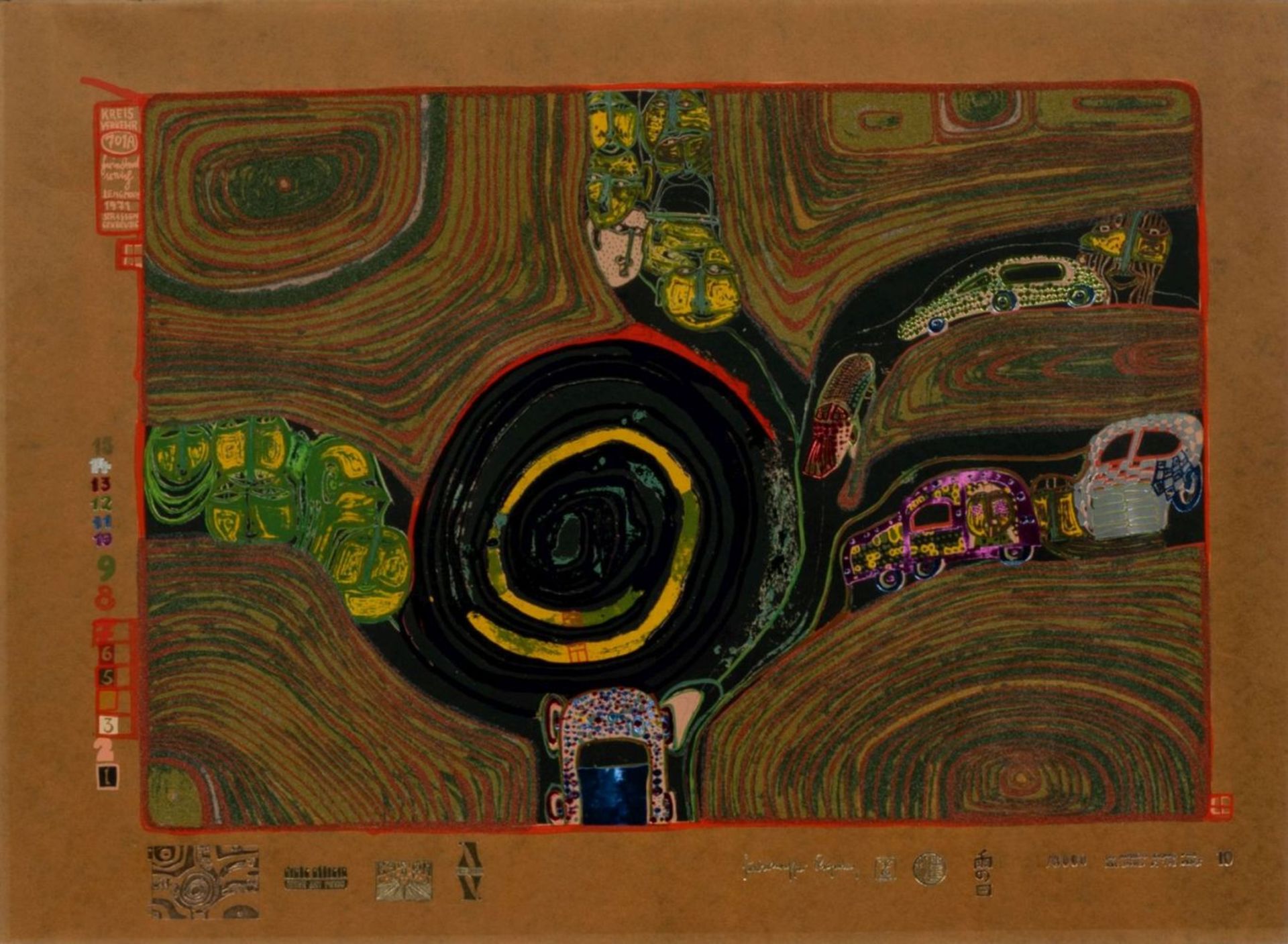 Hundertwasser, Friedensreich (Wien 1928 - vor Australien 2000). Kreisverkehr der Straßengekreuzigten