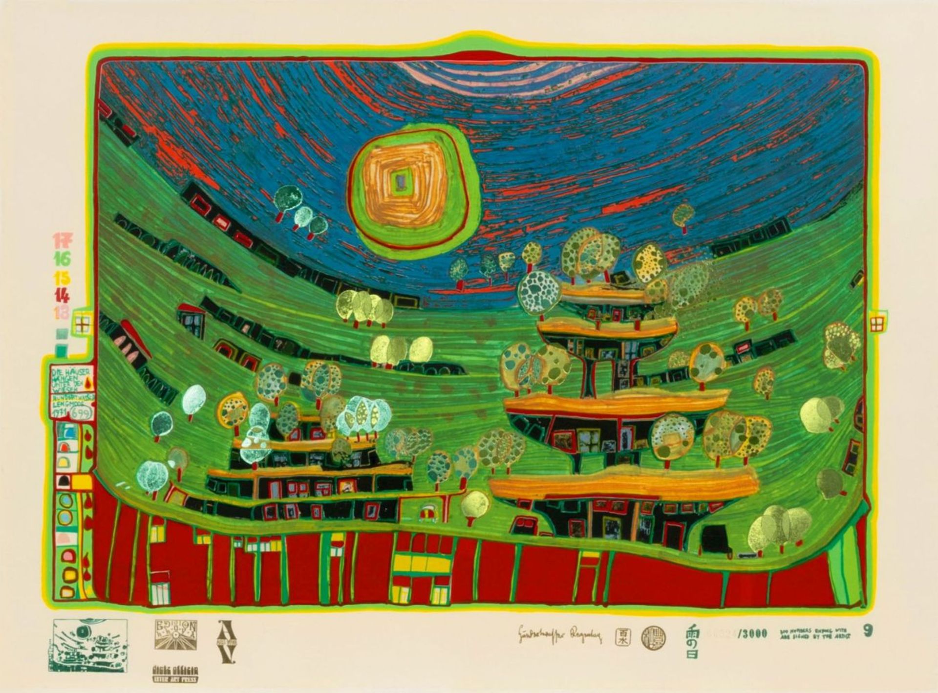 Friedensreich Hundertwasser (Wien 1928 - vor Australien 2000). Die Häuser hängen unter den Wiesen.