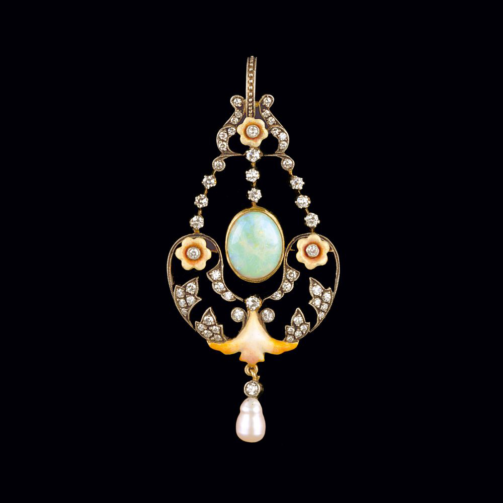 An Art-Nouveau Opal Pearl Diamond Pendant.