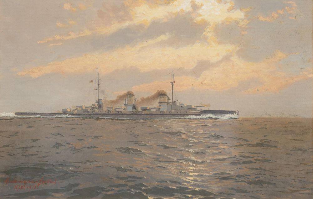 Lindemann-Frommel, Manfred (München 1852 - Regensburg 1939). The SMS Seydlitz firing a full Broadsid