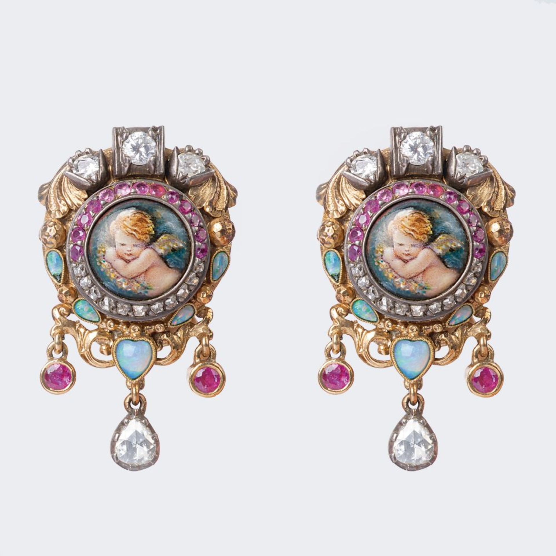A Pair of Opal Ruby Diamond Earrings with enamel decor.