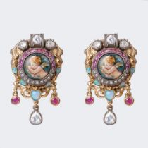 A Pair of Opal Ruby Diamond Earrings with enamel decor.