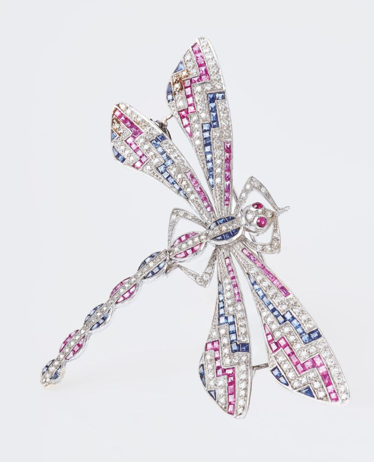 An Art-déco Diamond Ruby Sapphire Brooch 'Papillon'.