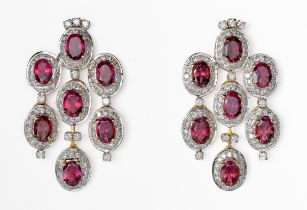 A PAIR OF PINK TOURMALINE AND DIAMOND CHANDELIER EARRINGS