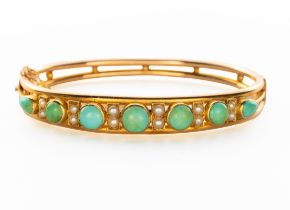 A CASED TURQUOISE AND SEED PEARL HINGED BANGLE
