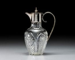 A CUT-GLASS CLARET JUG WITH SHEFFIELD SILVER-PLATE MOUNTS