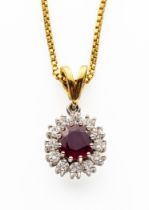 A RUBY AND DIAMOND CLUSTER PENDANT WITH 18CT GOLD CHAIN NECKLACE