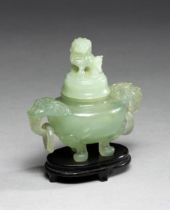 A CHINESE GREEN HARDSTONE "LION-DOG" CENSER, PEOPLE'S REPUBLIC OF CHINA, 1949-,