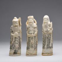 A GROUP OF CHINESE TUSK CARVINGS OF THE "THREE STAR GODS", "SANXING", PEOPLE'S REPUBLIC OF CHINA, 19