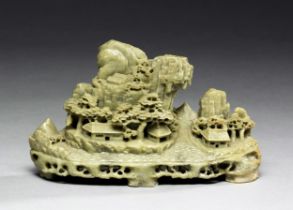 A CHINESE GREEN HARDSTONE "MOUNTAIN HAMLET" CARVING, PEOPLE'S REPUBLIC OF CHINA, 1949-,