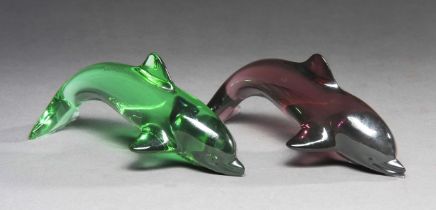 A PAIR OF GLASS DAUM DOLPHINS