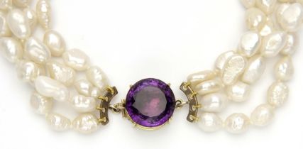 AN AMETHYST AND PEARL NECKLACE, CIRCA 1970