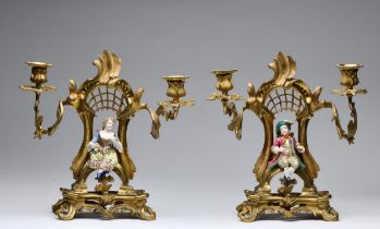 A PAIR OF FRENCH ORMOLU AND PORCELAIN CANDELABRAS