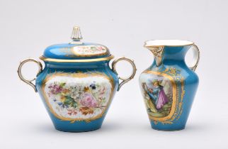 A SEVRES PORCELAIN VASE AND COVER AND A JUG EN SUITE