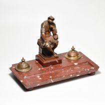 A ROUGE MARBLE AND BRONZE FRENCH FIGURAL INK STAND