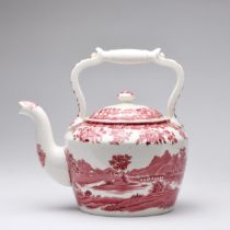 A LARGE SPODE RED AND WHITE TEA POT