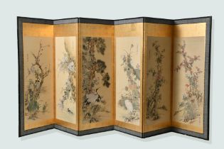 A SET OF VERTICAL "BIRDS AND FLOWERS OF THE SEASONS" SCROLLS JOINED AS A SIX-LEAF SCREEN "BYOBU", YA