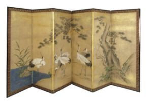 A JAPANESE KANO SCHOOL SIX-LEAF "CRANE AND THREE FRIENDS OF WINTER" SCREEN, EDO PERIOD, 1603 - 1867