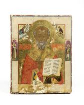 A RUSSIAN "SAINT NICHOLAS" ICON WITH A GILT SILVER OKLAD, 19TH CENTURY