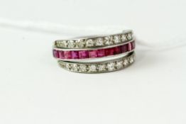 Art Deco platinum diamond ruby and sapphire day and night ring. Uk size k 1/2 . Weighs 5.6 grams
