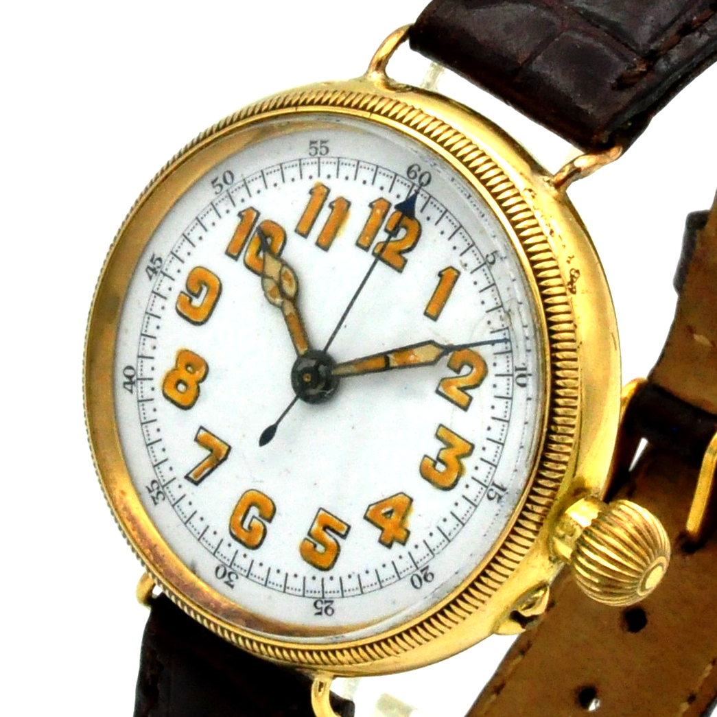 OFFICER'S TRENCH TYPE DOCTORS WATCH WITH ENAMELLED DIAL AND CENTER SECONDS IN SOLID 18CT GOLD BORGEL - Image 3 of 11
