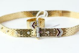 Heavy high carat gold diamond and ruby collar buckle necklace and matching ring set. Weighs 58.1