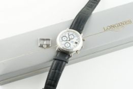 LONGINES PLATINUM LIMITED EDITION CHRONOGRAPH WRISTWATCH, circular white triple register dial with