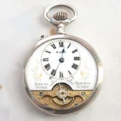 8 DAY HEBDOMAS TOP WIND POCKET WATCH WITH ENAMELLED DIAL AND VISIBLE ESCAPEMENT IN STERLING SILVER