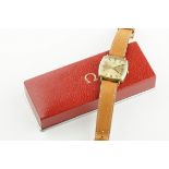 OMEGA GENEVE AUTOMATIC DATE GOLDPLATED WRISTWATCH W/ BOX, squared champagne dial with hour markers