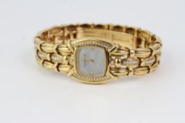 LADIES 18CT TIFFANY & CO QUARTZ WRISTWATCH, square mother of pearl dial with diamond dot 3, 6, 9, 12