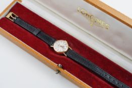 LONGINES 18CT GOLD WRISTWATCH W/ BOX, circular dial with hour marker and hands,19mm 18ct gold case