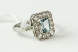 Fine platinum aquamarine and diamond ring. Set in platinum in an Art Deco style. The head of the