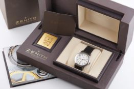 ZENITH ELITE AUTOMATIC DATE WRISTWATCH W/ BOX & GUARANTEE, circular silver textured dial with arabic