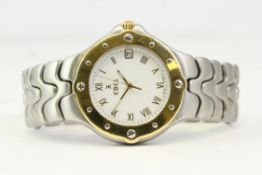 EBEL SPORTWAVE STEEL AND GOLD QUARTZ WRISTWATCH, circular white dial with roman numeral hour