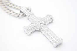 Fine 14ct White Gold Diamond Set Cross Hanging on a Silver curb chain. The cross measures 8cm x 4.