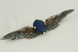 Antique silver plated Egyptian revival cold handpainted enamel carved lapiz scarab brooch . Set in