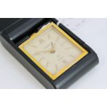 JAEGER-LE CULTRE ALARM TRAVEL CLOCK IN ORIGINAL LEATHER TRAVEL CASE, Square white dial with baton