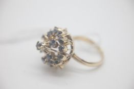 Vintage 14ct Gold Large Sapphire Cluster RingSet in 14ct Gold marked 14K. Head of the ring