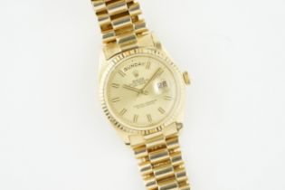ROLEX OYSTER PERPETUAL DAY-DATE 18CT GOLD 'WIDE BOY' REF. 1803 CIRCA 1970, circular champagne pie