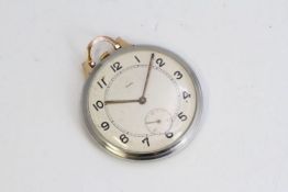 STAINLESS STEEL AND GOLD ROLEX POCKET WATCH 51MM, Patinaed white dial with Arabic numeral hour