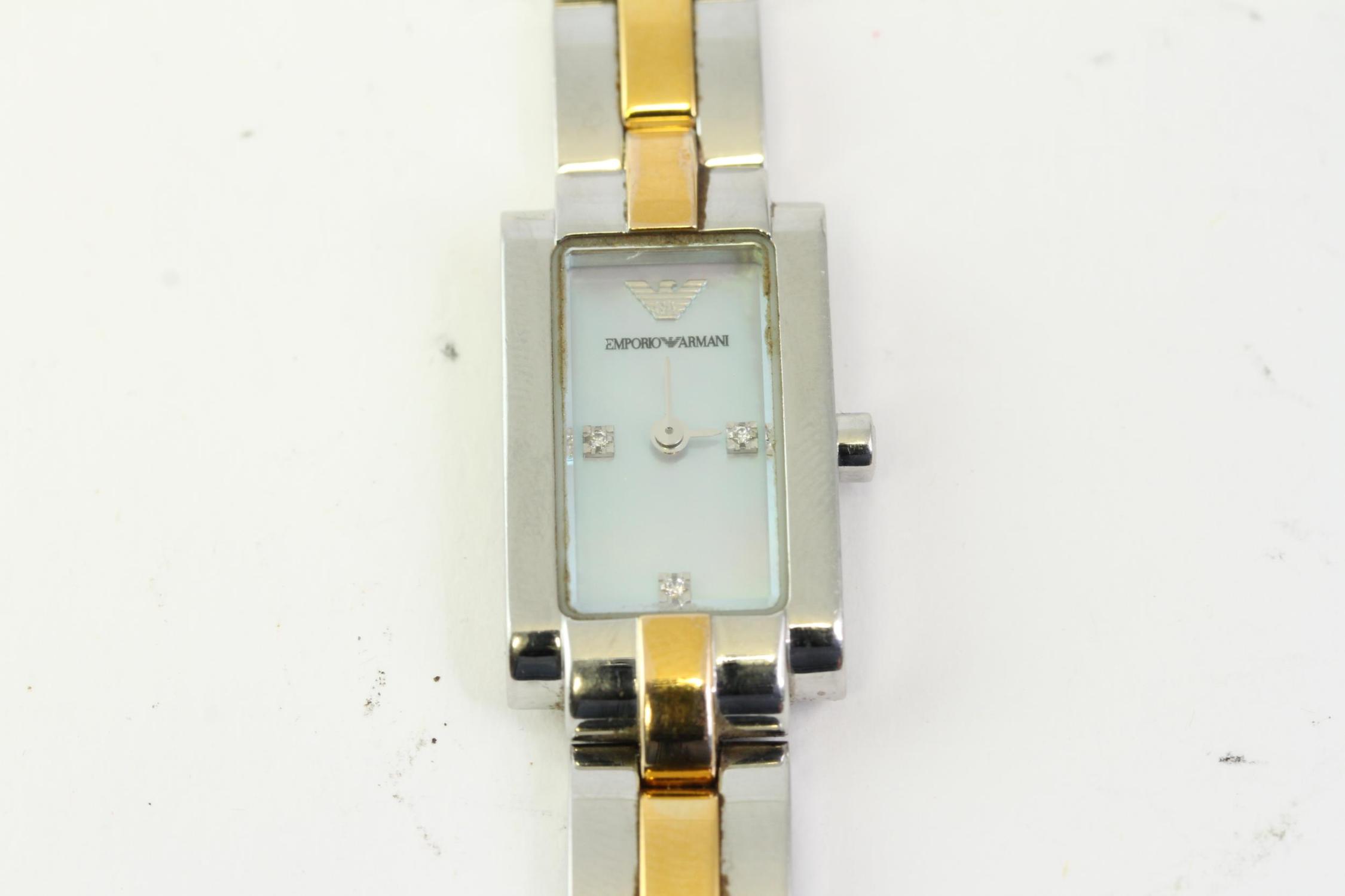 LADIES EMPORIO ARMANI MOTHER OF PEARL QUARTZ WATCH, rectangular mother of pearl dial with - Image 2 of 3