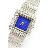 9CT LADIES DIAMOND LAPIS MANUAL WRISTWATCH, square lapis dial, diamond bezel, 16mm 9ct white gold