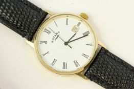 ROTARY 9CT DRESS WATCH, white circular dial with roman numeral hour markers, date aperture at 3 o/