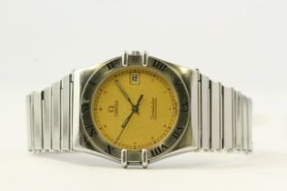 OMEGA CONSTELLATION QUARTZ, gold dial, outer track, dot hour markers, Roman numeral bezel, 34mm