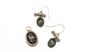 Antique 9ct gold micro mosaic necklace and earrings set . Depicts birds on both the earrings and the