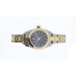 LADIES ROLEX OYSTER PERPETUAL STEEL AND GOLD AUTOMATIC, circular black dial with baton hour markers,
