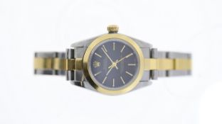 LADIES ROLEX OYSTER PERPETUAL STEEL AND GOLD AUTOMATIC, circular black dial with baton hour markers,