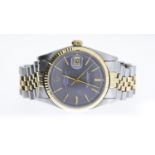 VINTAGE ROLEX DATEJUST STEEL AND GOLD 1601 CIRCA 1974, circular grey dial with baton hour markers,