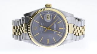 VINTAGE ROLEX DATEJUST STEEL AND GOLD 1601 CIRCA 1974, circular grey dial with baton hour markers,