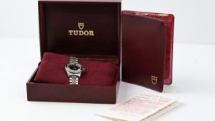 TUDOR PRINCESS OYSTERDATE LADY-SUB AUTOMATIC WITH BOX, circular black dial with dot hour markers,